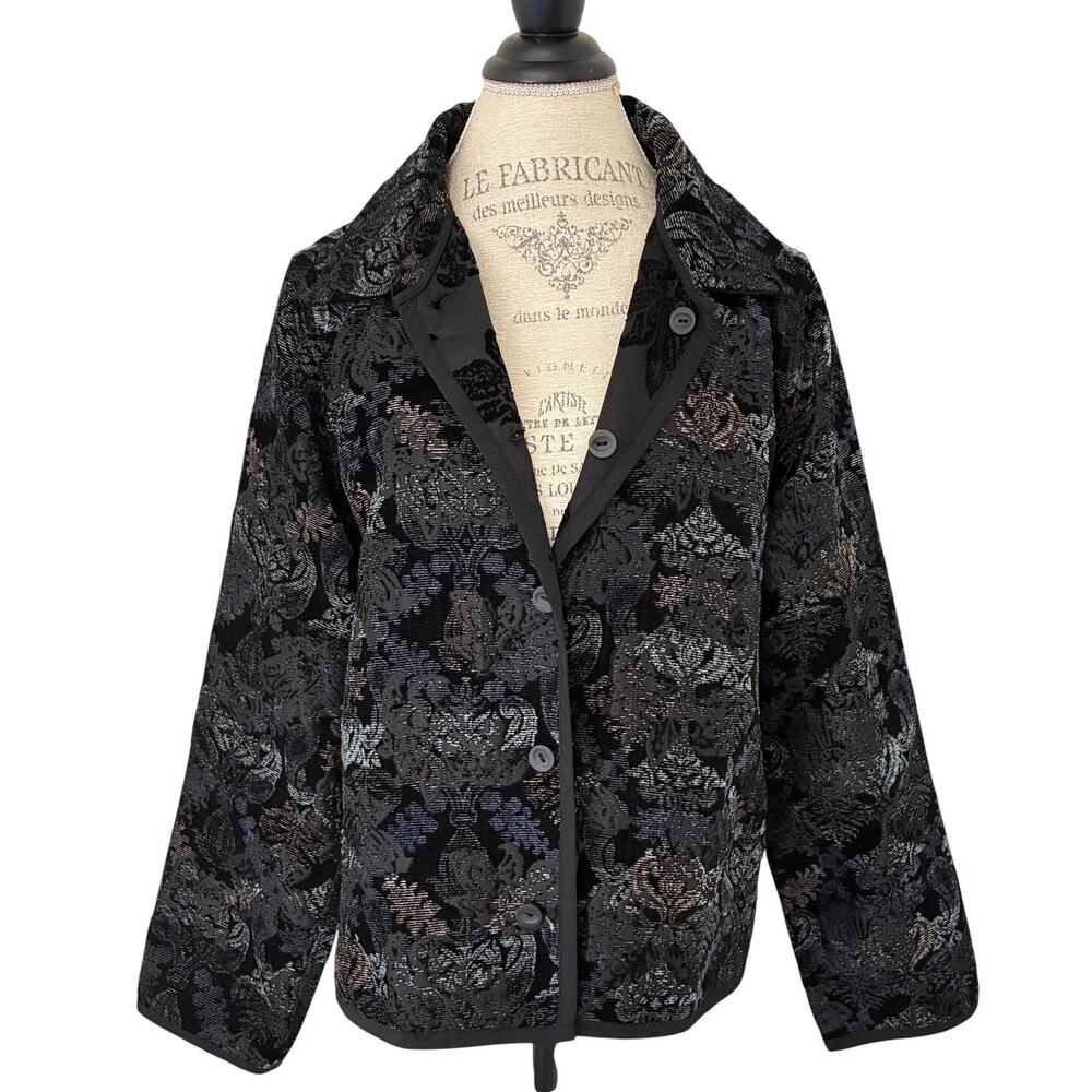 Christopher & Banks Black Tapestry Reversible Vtg Burnout Blazer Jacket Size XL